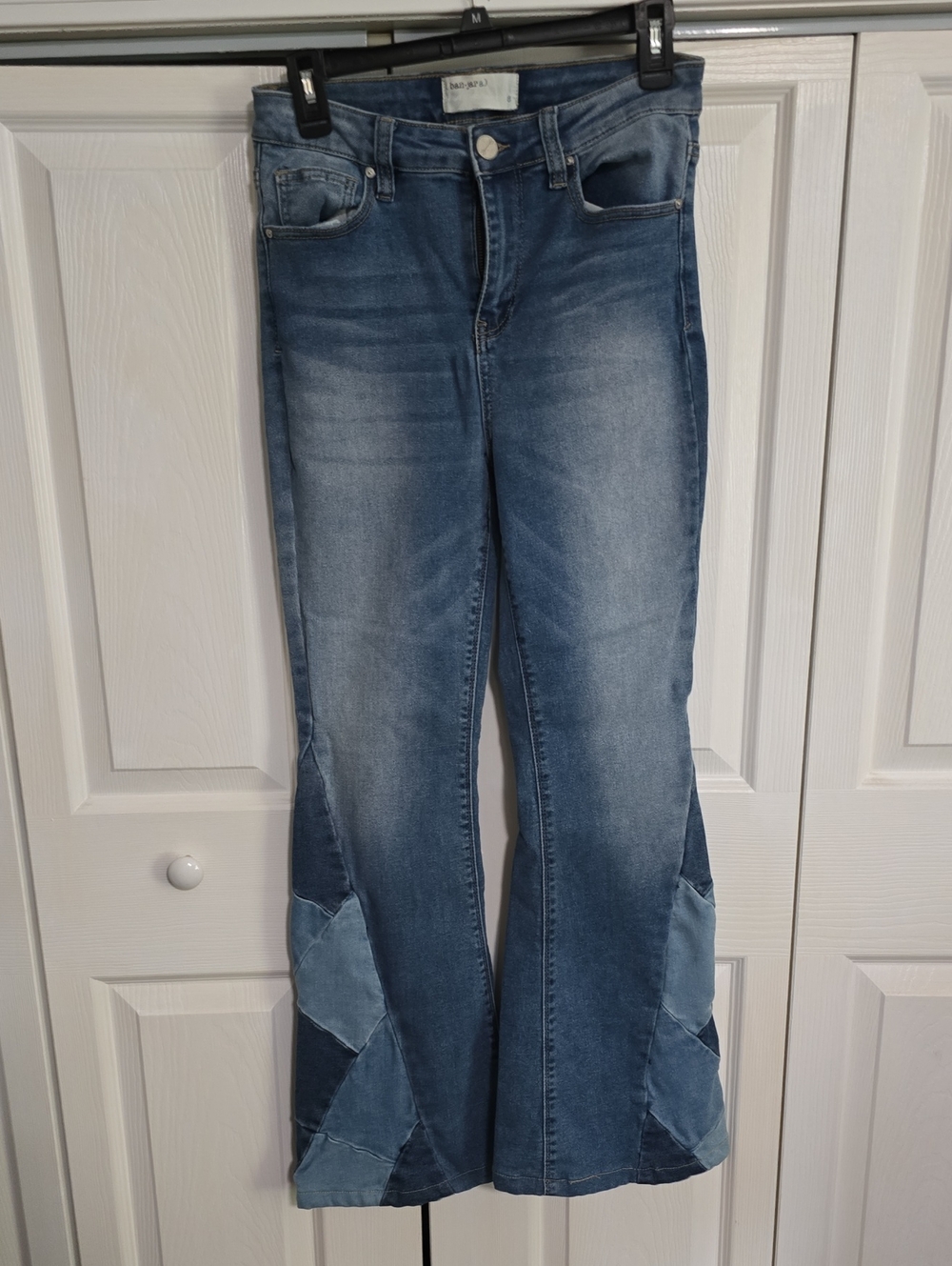 Sky-Blue Patchwork Flare Jeans — Women's Mid-Rise Wide Leg